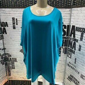 FullBeauty Sport Plus 30/32 Teal Scoop Neck Perforated Trim Short Sleeve Top